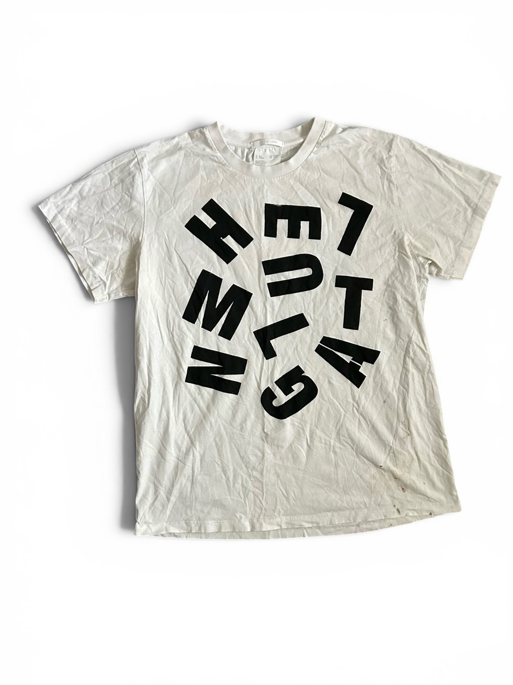 HELMUT LANG Thrashed White Tee with Black Lettering XL